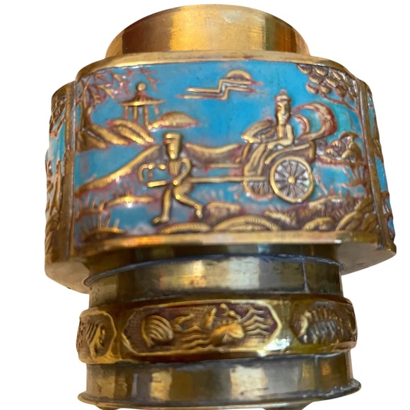 Pair of Vintage Brass Chinese Urn Snuff Brass & Enamel Lidded Trinket Tea Jar - Picture 6 of 11
